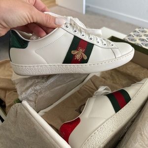 Gucci Ace Web Embroidered Bee Motif White Leather Sneakers